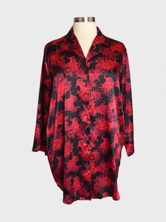 Cacique Other - Cacique Satin Feather Print Button Front Sleep Shirt